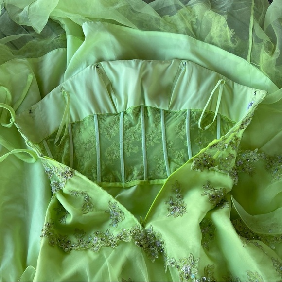 Y2K Cache Fairy Strapless Prom Dress Green Embellished Sequin Ruffles Whimsy XS - Picture 15 of 16